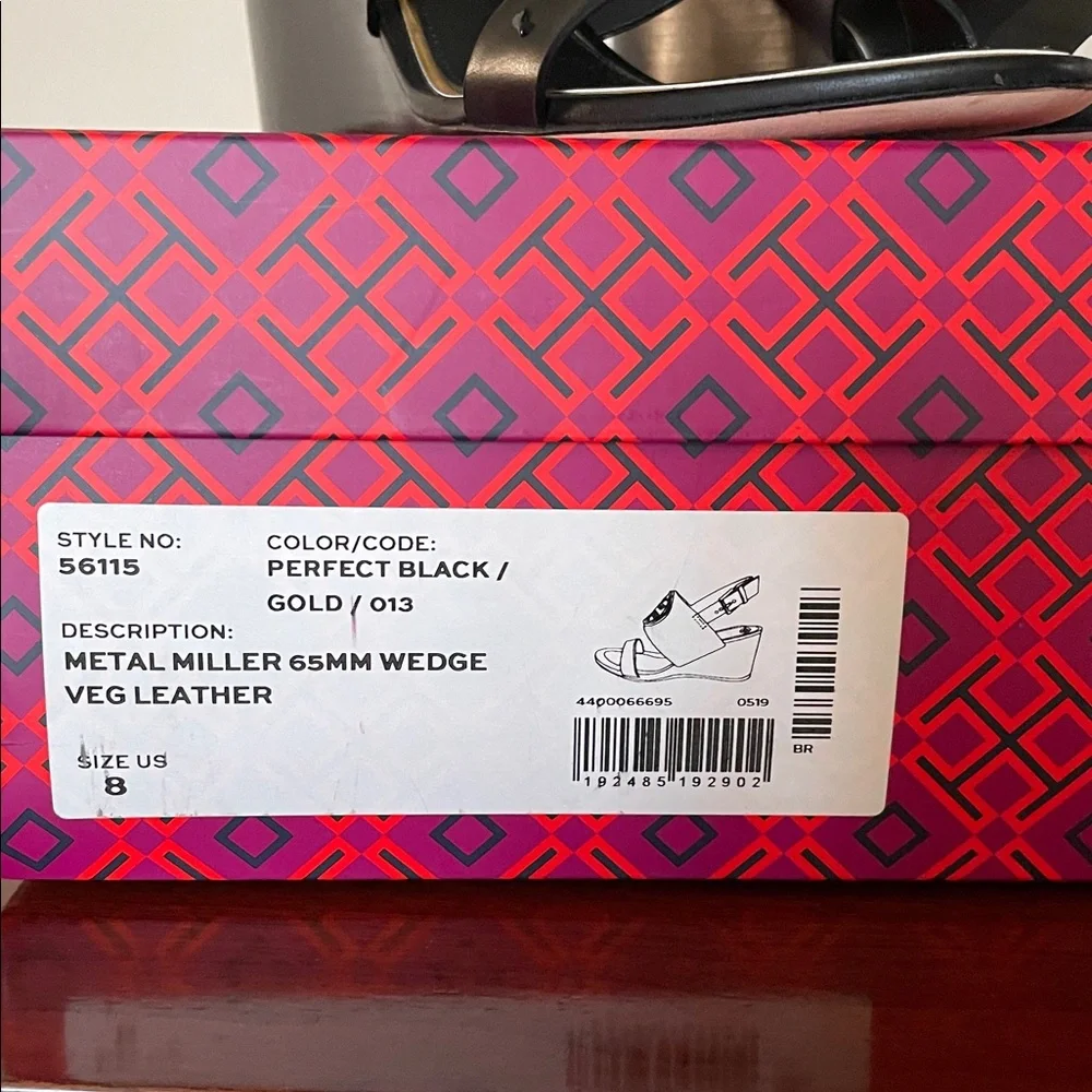 Tory Burch Perfect Black/Gold Metal Miller 65mm Wedge Veg Leather Sandal 8 NIB
